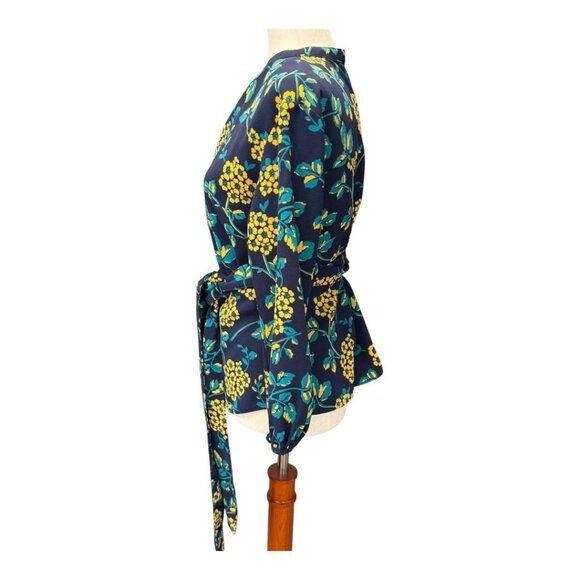 J Crew Turn Wrap Blouse~Size Tag Missing~Dark Blue Gold & Floral Drape Top L1524 - Picture 6 of 10
